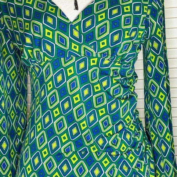 Ruched Geo Print Womens Stretch Babydoll Midi Dress Sz‎ S Split Sleeve 70s - Picture 3 of 12